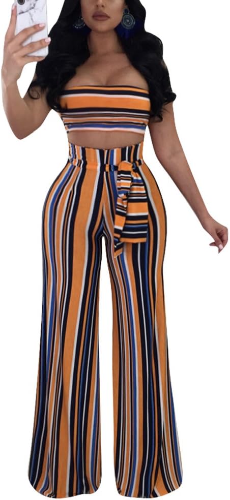 MS Mouse Womens Rainbow Print Stripes Crop Top + Wide Leg Pants 2 Piece Outfits