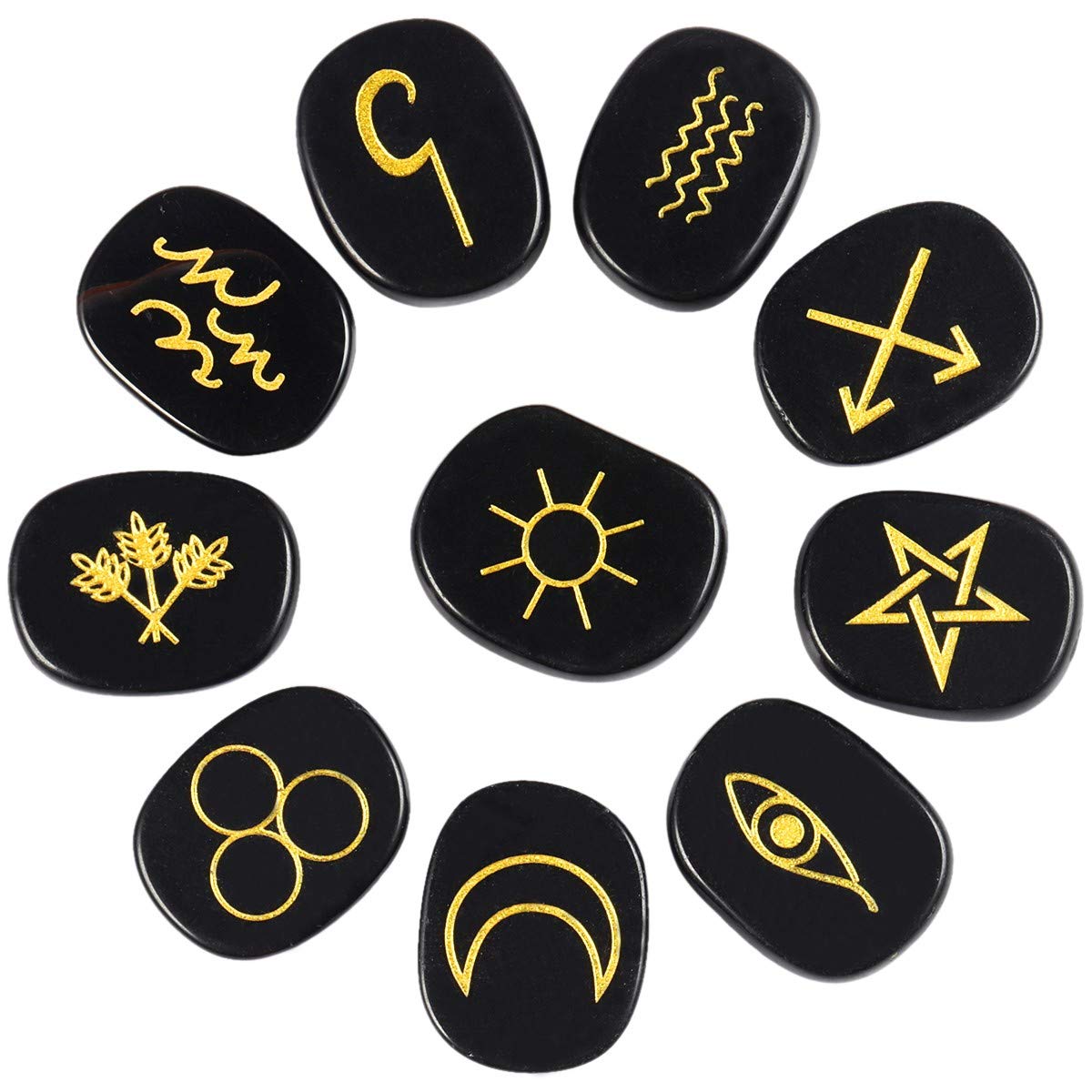 rockcloud Healing Crystal Black Obsidian Amethyst Gypsy Symbol Witches Rune Set Chakra Stones Palm Stone Reiki Balancing, 10 Pcs
