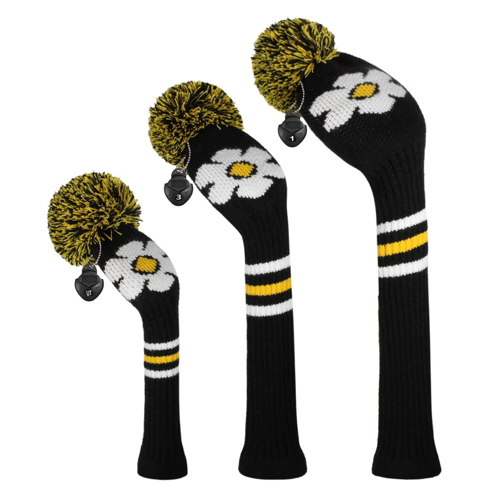 Scott Edward Knitted Golf Club Head Covers for Woods 3Pcs Set Golf Driver (460CC) Fairways and Hybrid/UT with Rotating Number Tags(Daisy)