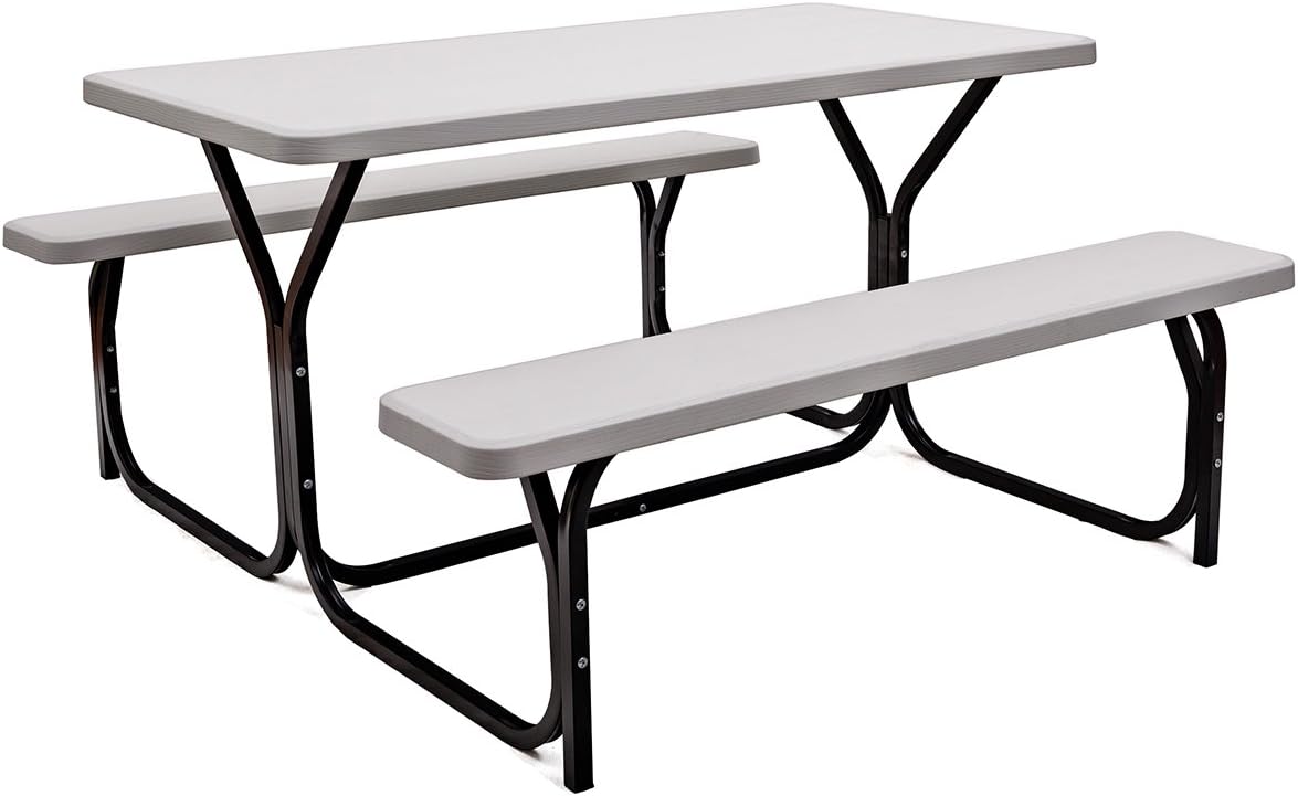 Giantex Picnic Table Bench Set Outdoor Camping All Weather Metal Base Wood-Like Texture Backyard Poolside Dining Party Garden Patio Lawn Deck Large Camping Picnic Tables for Adult (White): Kitchen & Dining