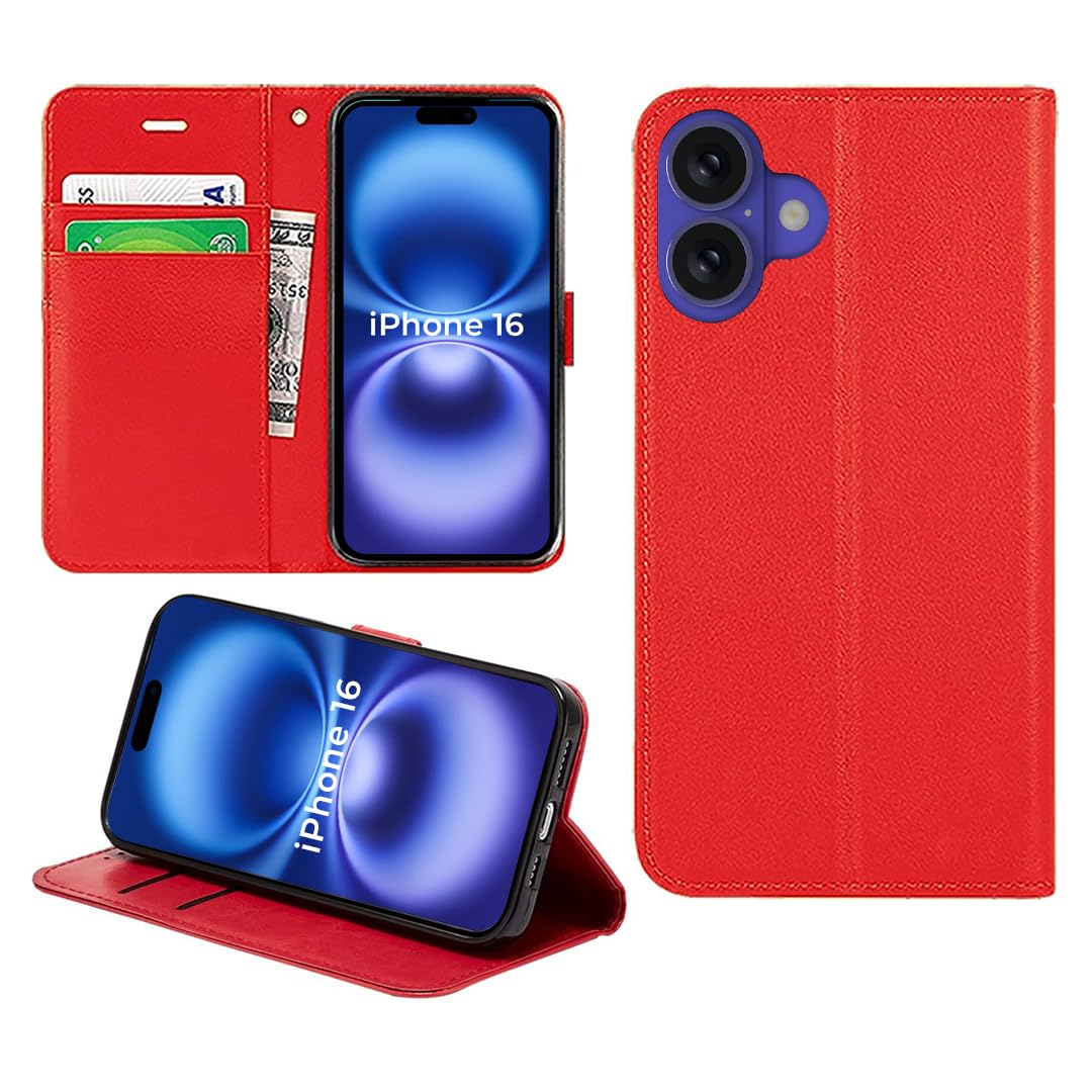 DN-Technology For iPhone 16 Case Flip Wallet [Card Holder] [Magnetic Closure] [Kickstand] PU Leather Shockproof Phone Cover 6.1 inch (RED)