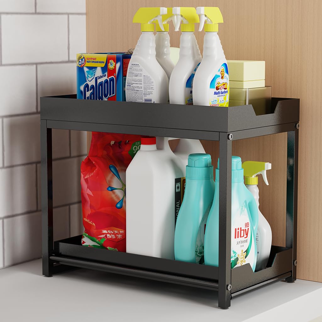 Photo 1 of 1 Packs Under Sink Organizers, 2 Tier Bathroom Organizers and Storage, Pull Out Cabinet Organizer Shelf, Metal Sliding Drawer for Kitchen Pantry Cabinet Closet Organization Rack (Black, 1 Pack)