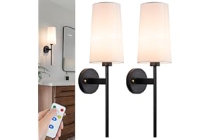 YHCDLAMP Battery Operated Wall Sconce with Remote,White Fabric Shade Wall Sconce Set Of 2 Battery Powered Sconces Wall Lighting Indoor Wireless Dimmable Wall Lamp with 3 Color Temp Bulb for Bedroom Living Room