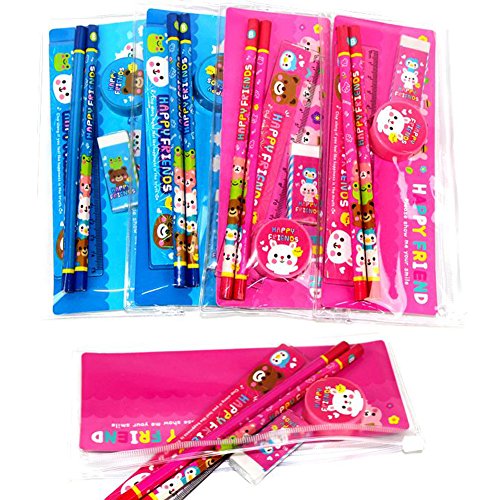 6Set Portable, Gift, Promotional Pencils Set - Mini Manual Pencil Sharpener, 15cm Ruler, Eraser, 2 Wood Pencils, Zipperbag Storage Pencil Case