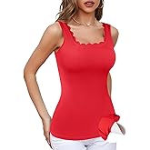 V FOR CITY Women Square Neck Tank Tops with Built in Bras Scallop Trim Fitted Camisole Ribbed Summer Top
