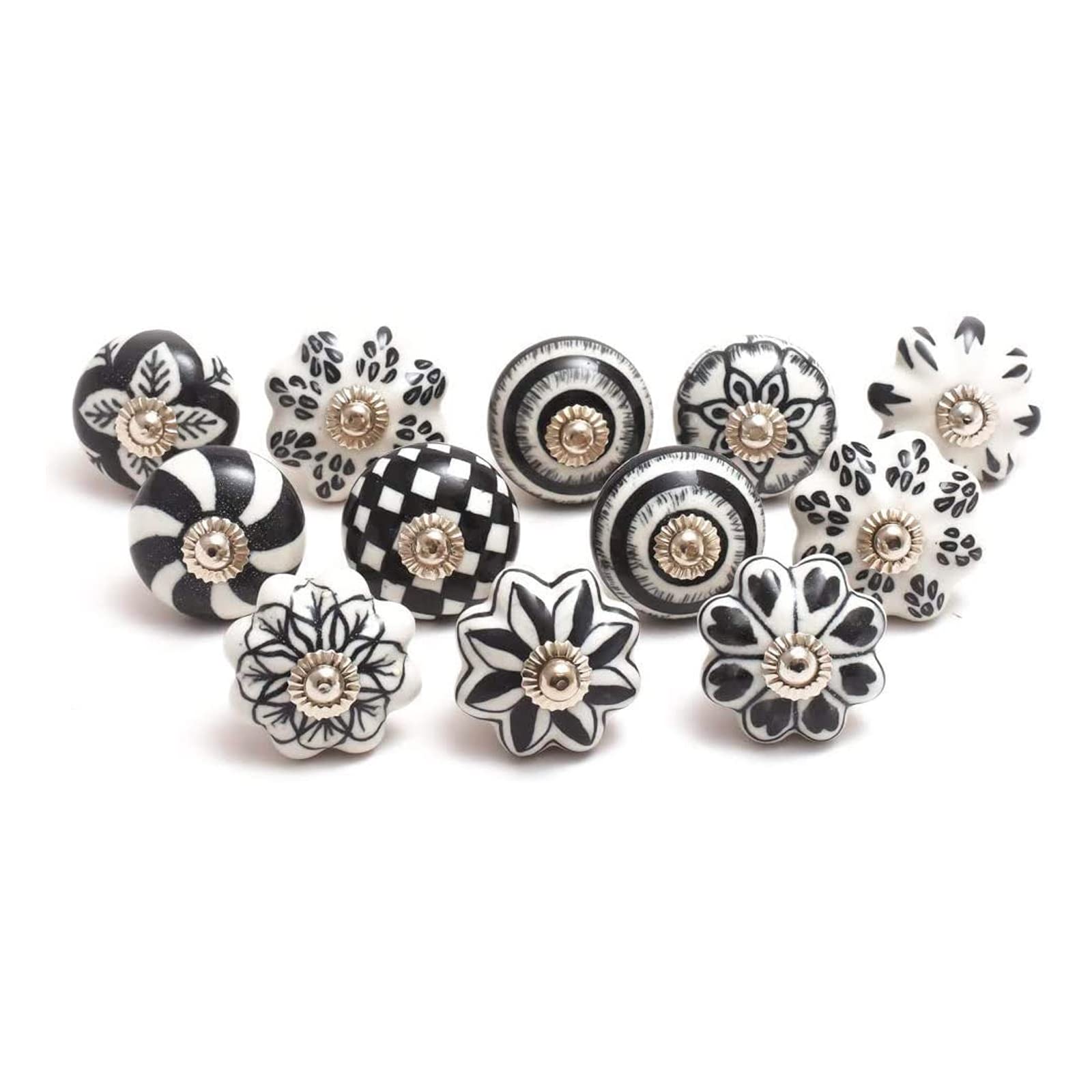 The Boho Street Handmade Ceramic Multipurpose Knobs Ceramic Door Handles Set Assortment (12, Black & White)