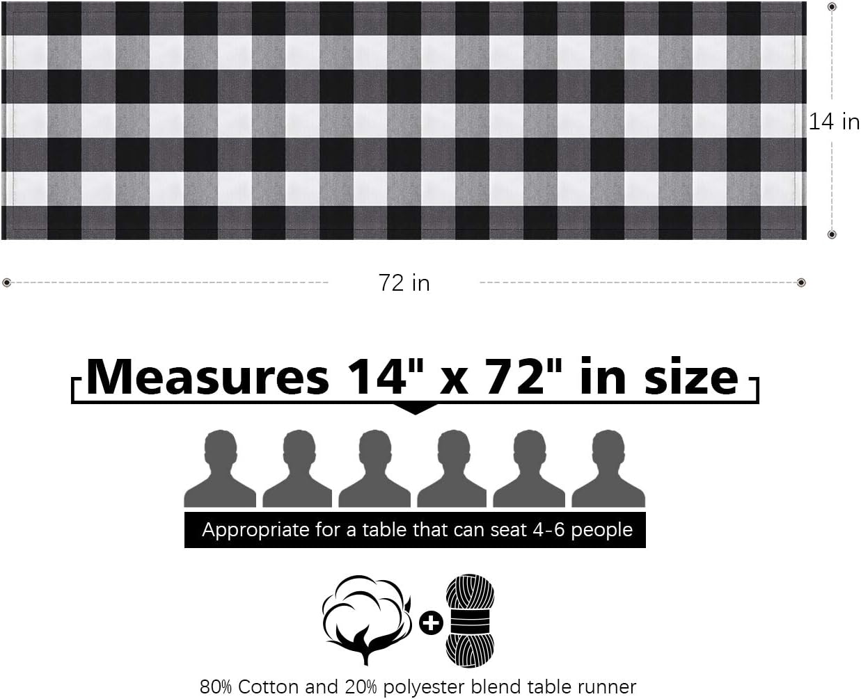 Syntus 14 x 72 inch Buffalo Check Table Runner Cotton-Polyester Blend Handmade Black and White Plaid for Family Dinner, Outdoor or Indoor Parties, Farmhouse, Thanksgiving, Christmas & Gathering: Home & Kitchen