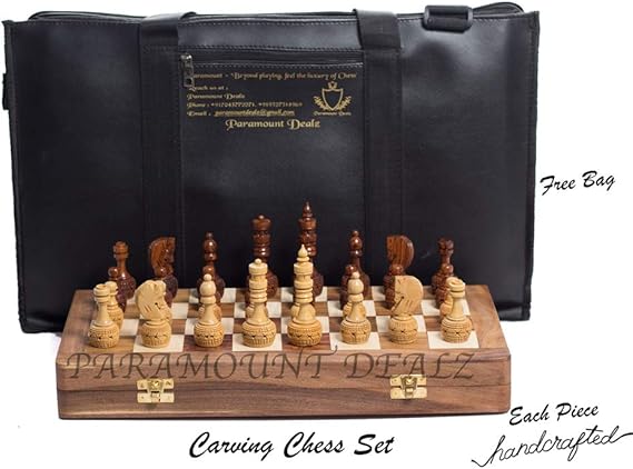 Paramount Dealz Hand Crafted Carving Chess Set with 14 inches Foldable Sheesham Board, 3.5 Pieces & Chess Bag - Best for Gifting & Home Decor (14 Inches Foldable Wooden Board with Pieces)