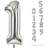 Silver 1 Balloon Number, 40 Inch Giant Helium Foil Number 0-9 for Boys Girls, Self Inflating 1st Birthday Balloon for Women Men 10th Anniversary Baby Shower New Year Wedding Party Decorations Supplies