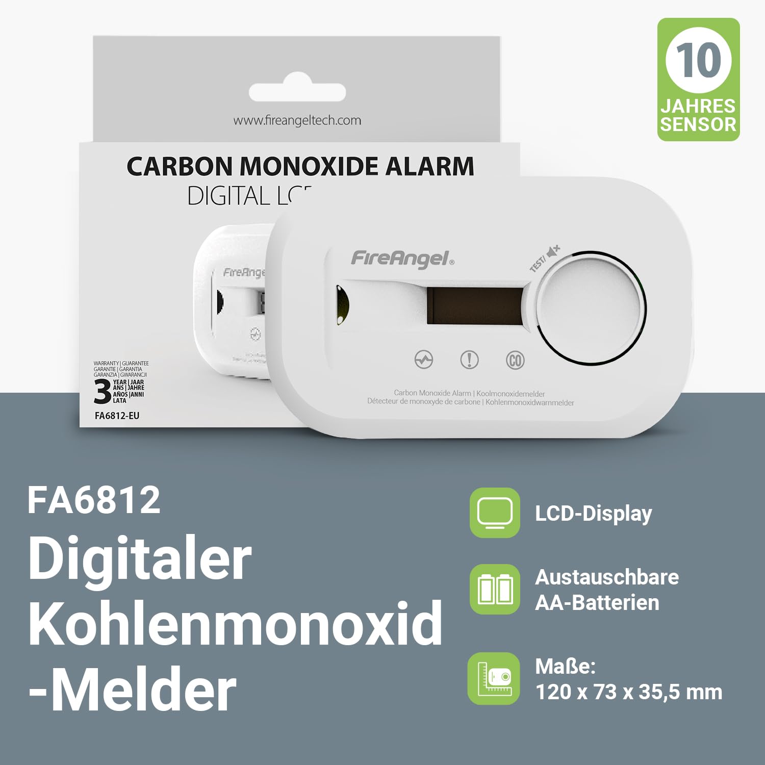 FireAngel FA6812 Kohlenmonoxid Melder, Tragbarer CO Melder mit LCD Anzeige – Mit 10-Jahres-Sensor - Für Zuhause, Reisen & Wohnwagen 3