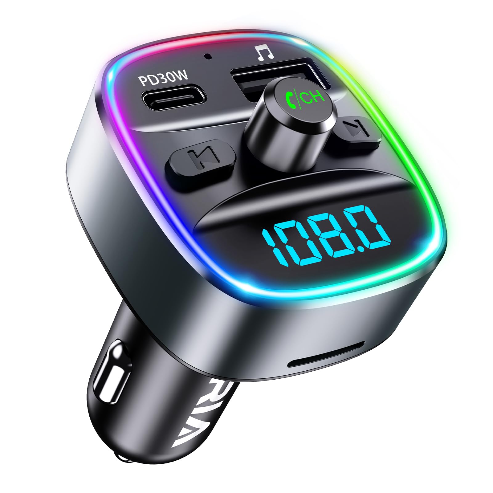ORIA 35W Bluetooth 5.3 FM Transmitter, Wireless Radio Transmitter Car with 7 LED RGB Colors, Wireless Hands Free Phone Digital Kit, Hands-Free Calls, Music Playing Support TF Card & Disk, Gun Black