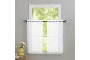 MYSTIC-HOME White Sheer Kitchen Curtains 36 inch Length 2 Panels, Light Filtering Voile Rod Pocket Short Window Curtians for 