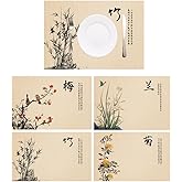 Bamboo Placemats Set of 4, Asian Style Table Mats Ancient Chinese Paintings Zen Floral Place Mats for Indoor Outdoor Kitchen Dining Table (Plum Blossom+Orchid+Bamboo+Chrysanthemum, Set of 4)