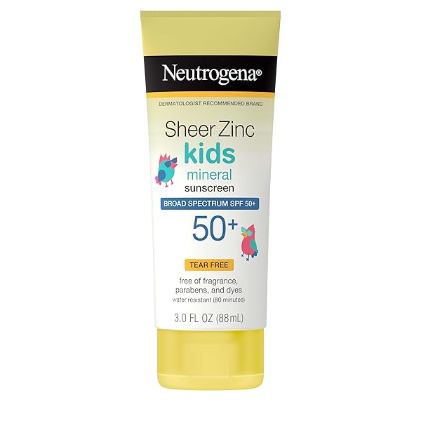 NEUTROGENA SHEER ZINC OXIDE KIDS MINERAL SUNSCREEN LOTION, BROAD SPECTRUM SPF 50+ WITH UVA/UVB PROTECTION, WATER-RESISTANT FOR 80 MINUTES, PARABEN-, DYE-, FRAGRANCE- & TEAR FREE, 3 FL. OZ