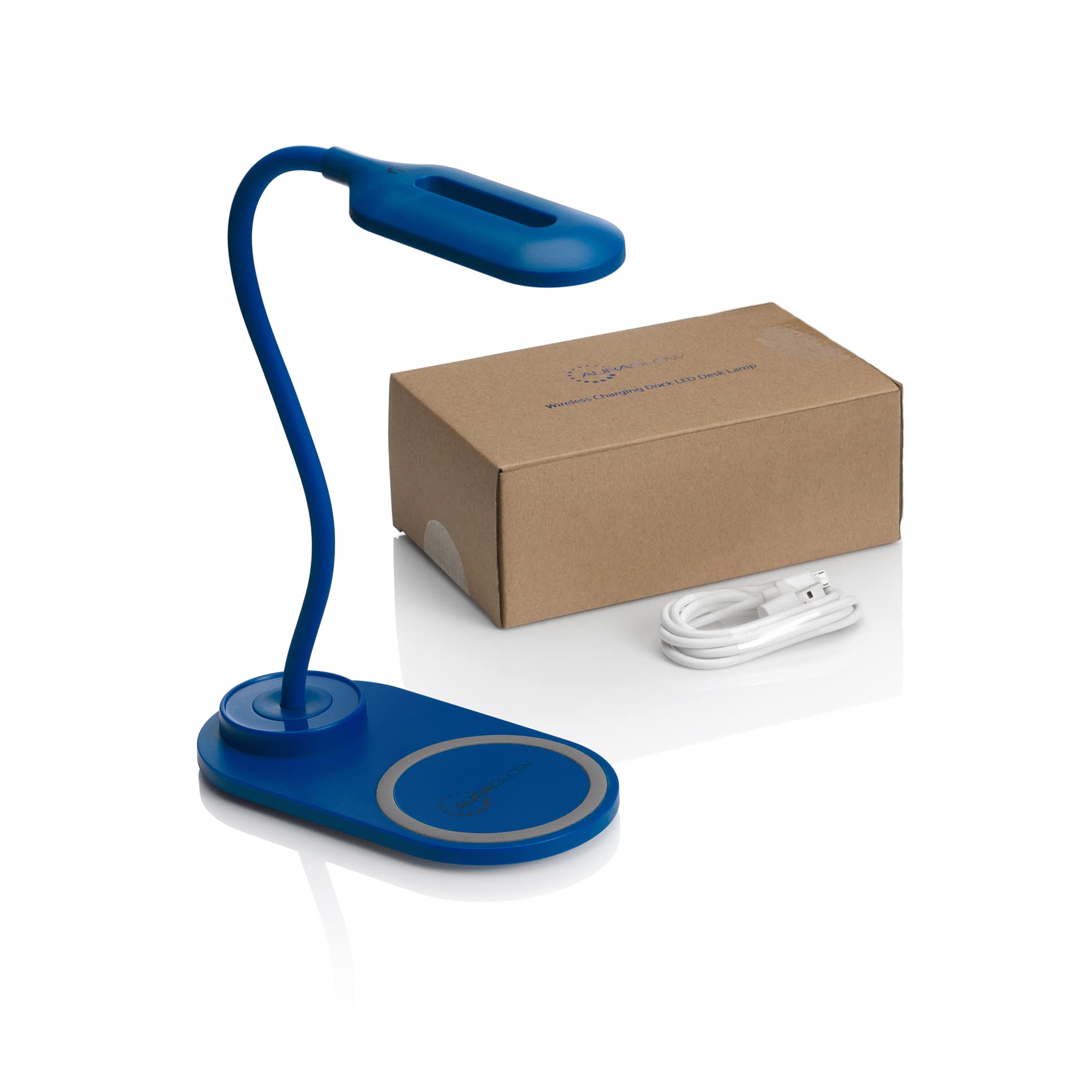 Auraglow LED Flexible Neck Desk Lamp with 3 Colour Modes and 10W Wireless Smart Phone Qi Fast Charger - Blue - 1 Pack