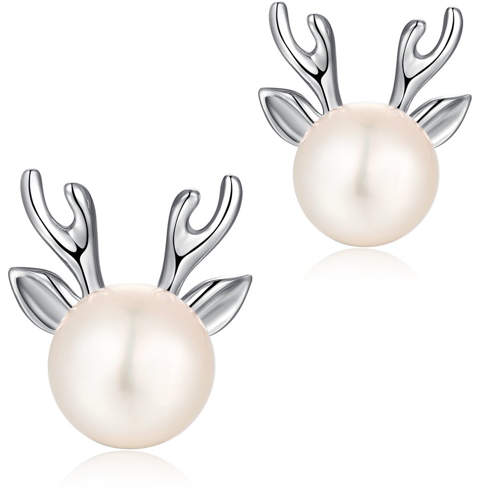 Deer Earrings 925 Sterling Silver Deer Antler Stud Earrings with Pearl Reindeer Horn Ear Studs Christmas Jewellery Gifts for Women โ image 1