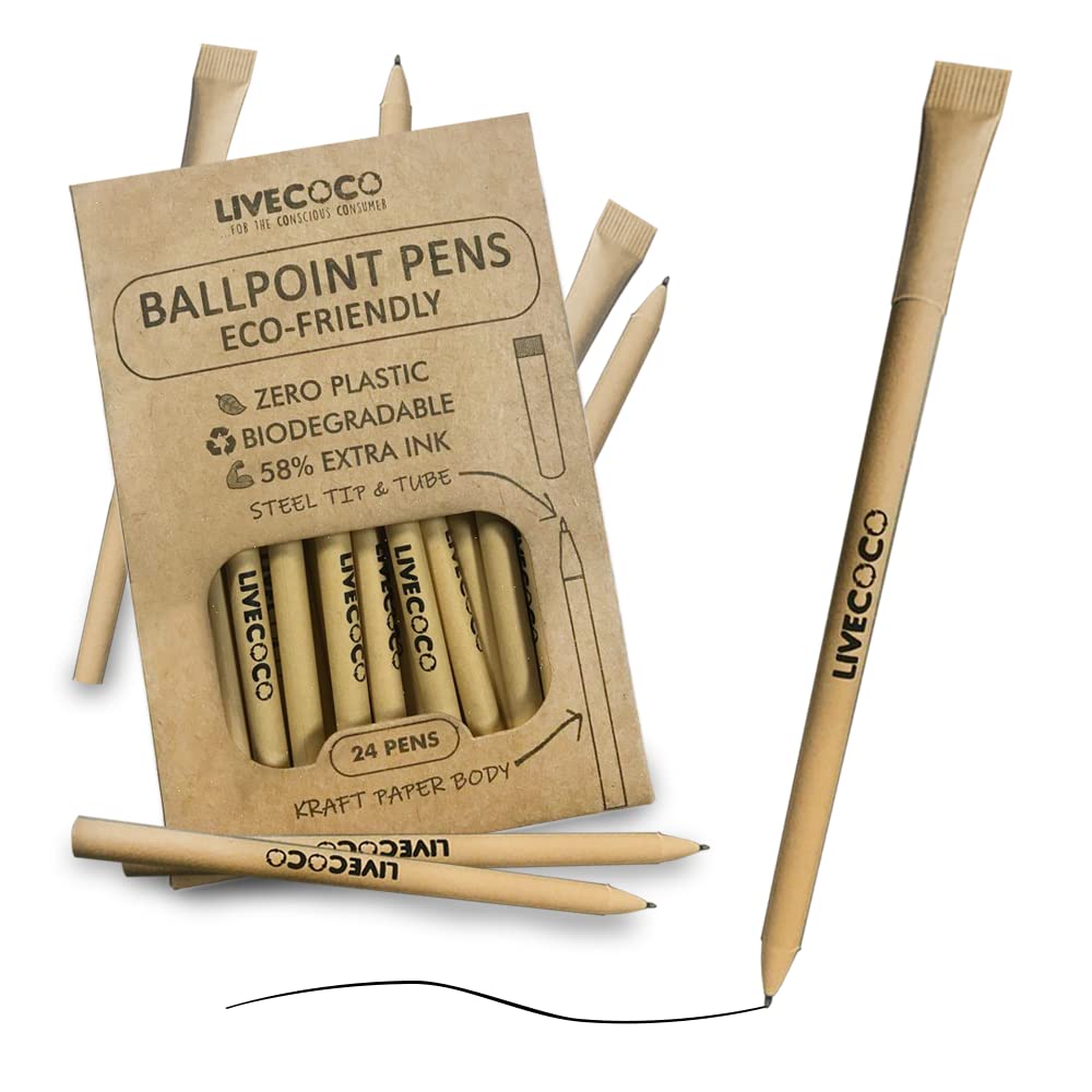 LiveCoco Eco-Friendly Pack of 24 Kraft Paper and Steel Biodegradable Pens - Black Eco Biro School and Office Supplies - Vegan Eco Gifts