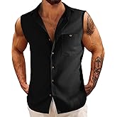Fommykin Men's Linen Sleeveless Shirts Button Down Beach Tank Top Basic Solid Shirt Vest with Pocket