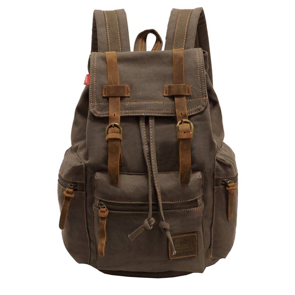 Vintage Unisex Casual Leather Backpack Canvas Rucksack Bookbag Satchel Hiking Backpack Travel Outdoor Shouder Bag (Brown)