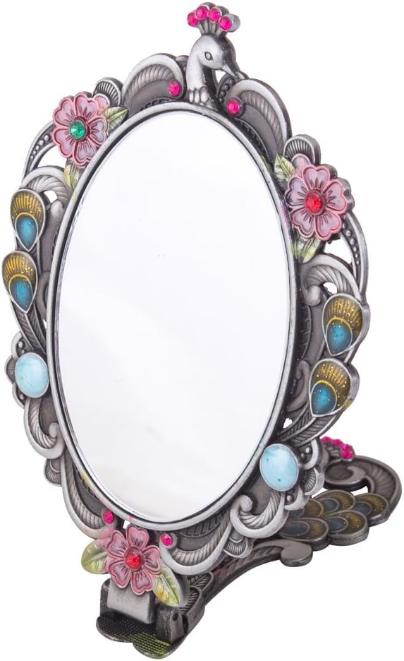Moiom Vintage Style Foldable Oval Peacock Pattern Makeup Hand/Table Mirror (Antique Silver): Home & Kitchen