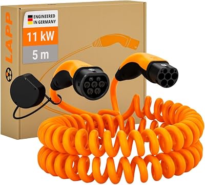 Mobility Typ 2 Ladekabel 11 KW/Spiralkabel / 20 A / 3-Phasig/E-Auto Ladekabel/Mode 3 / 5m