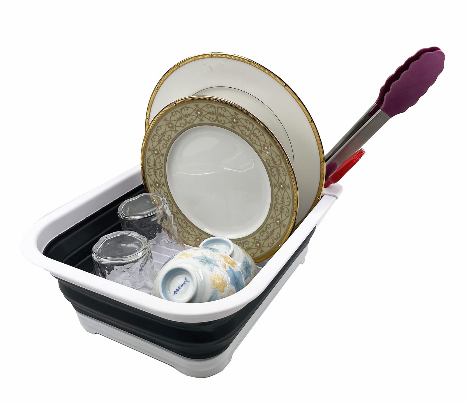 SAMMART Collapsible Plastic Dish Drainer with Drainer Board-Foldable Drying Rack Set-Portable Dinnerware Organizer-Space Saving Kitchen Storage Tray (White/Charcoal Black)