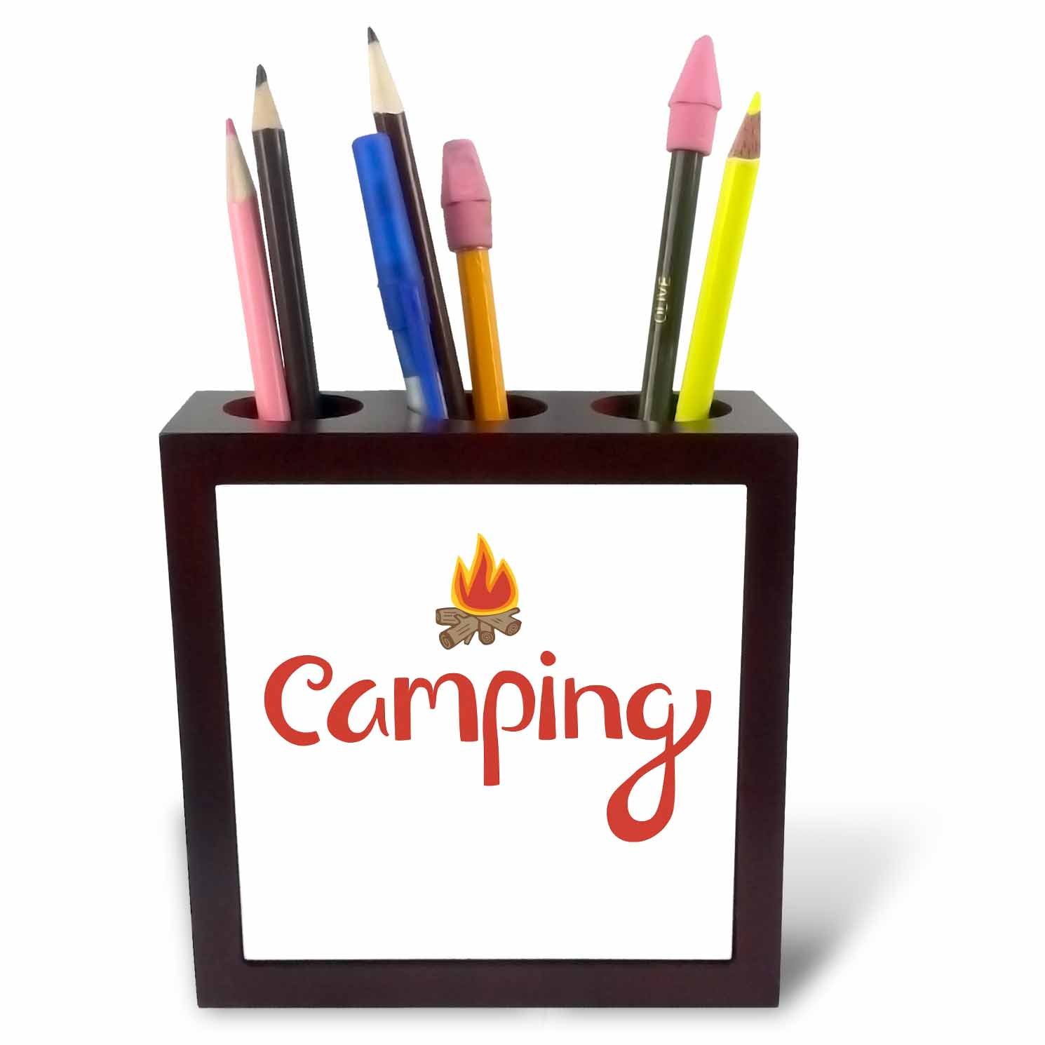 3dRose ph_245013_1 5-Inch Camping/Picture of Camp Fire Tile Pen Holder - White