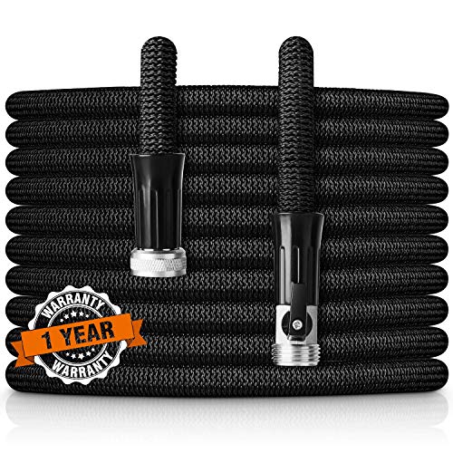 HooSeen Expandable Garden Hose, 50ft Flexible Kink-Free Water Hose with Double Latex Core, 3/4" Solid Nickel Plating Fitting and Shut Off Valve (50FT, Black) (Renewed)