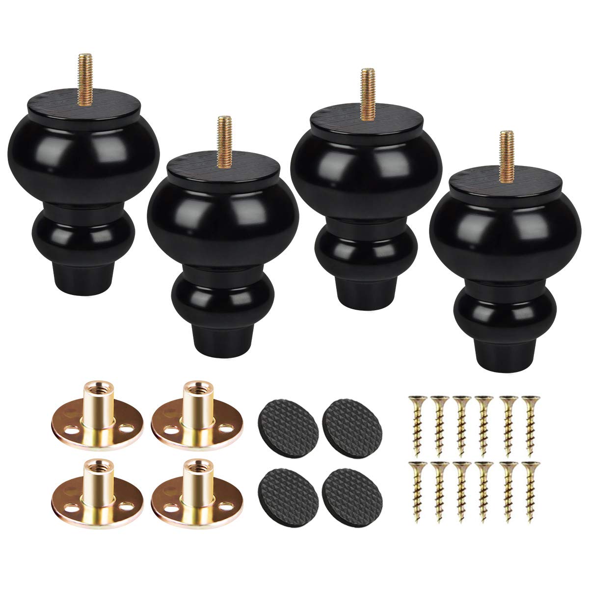 Btowin 4.8 Inch /12cm Solid Wood Furniture Legs,4Pcs Couch Legs Wooden Bun Feet with Threaded M8 Hanger Bolts &Mounting Plate &Screws for Sofa Cabinet Ottoman Armchair,Black