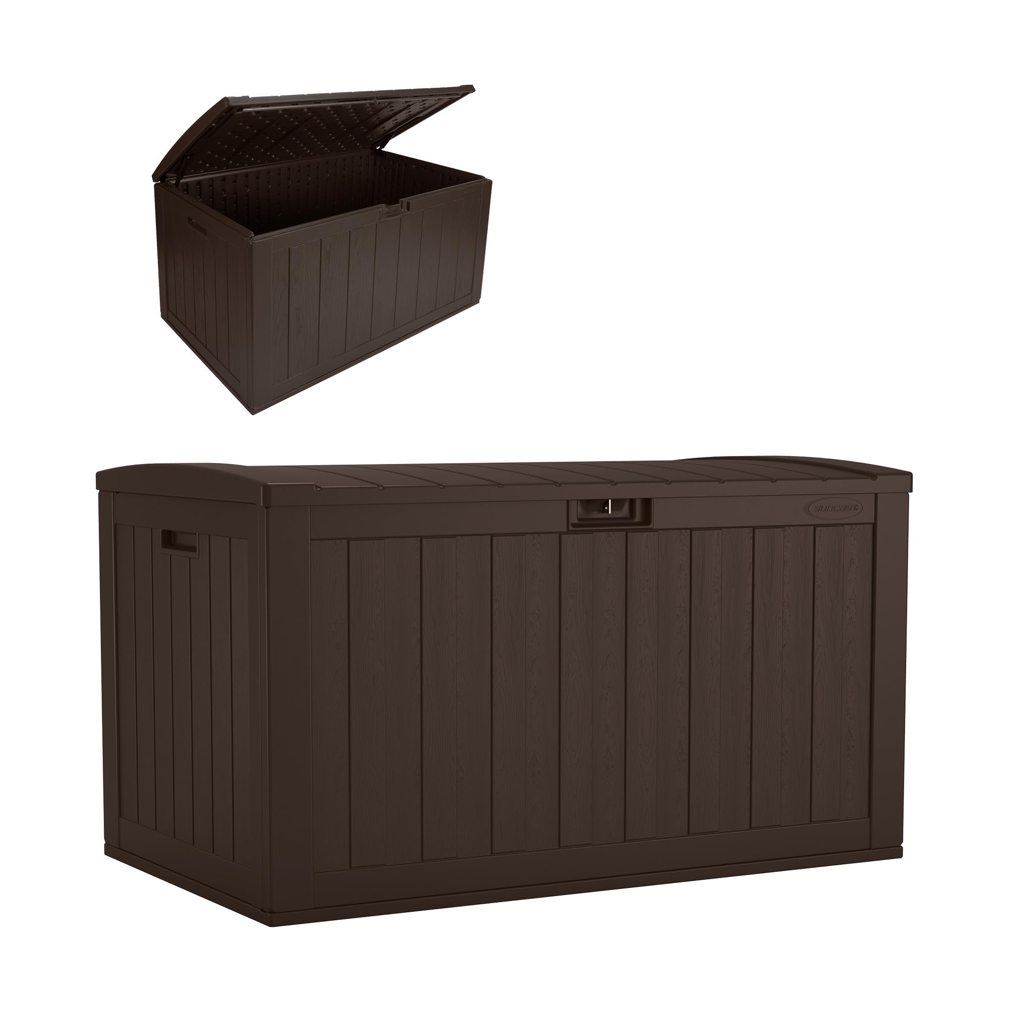 Photo 1 of Suncast 134-gal. All-Weather Patio Deck Box, Made in the USA, with Pad-Lockable Lid, Extra-Large Outdoor Storage Unit for Patio Furniture and Grill Tools, Java Color