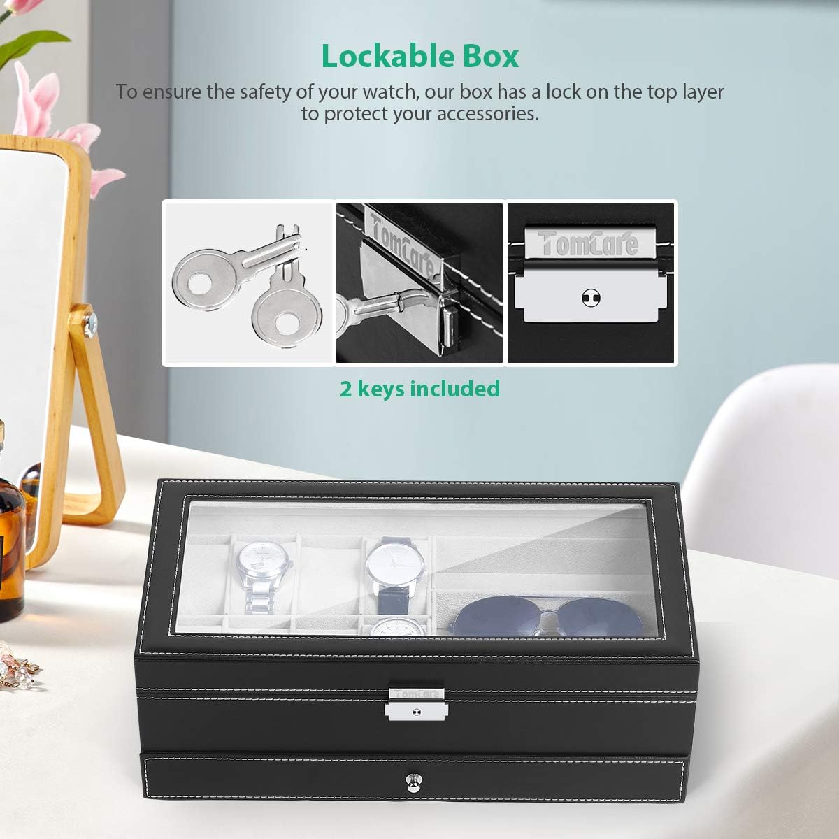 TomCare Upgraded Watch Box Watch Case Jewelry Organizer Holder Jewelry Display Box Case Drawer Sunglasses Storage Earrings Storage Organizer Lockable with Glass Top and PU Leather for Men Women, Black: Home & Kitchen