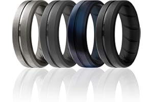ROQ Silicone Rubber Wedding Ring for Men, Men's Wedding Band, Breathable Rubber Engagement Band, 2 Thin & Middle Lines, Beveled Edge & Engraved Duo, Multi Colors
