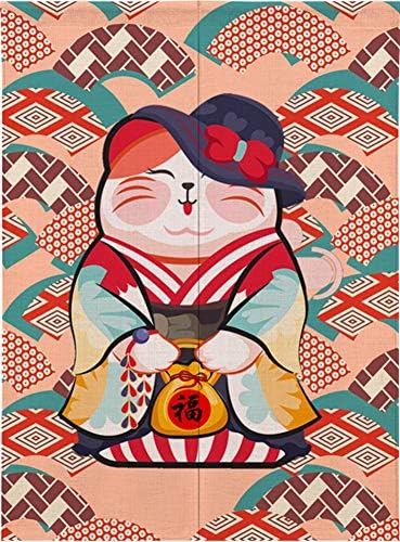 Ommda Cotton Maneki Neko Printed Japanese Noren Divider Doorway Curtain Tapestry with Rod for Home Decoration,Bless Cat,85x170cm(33.5"x67")