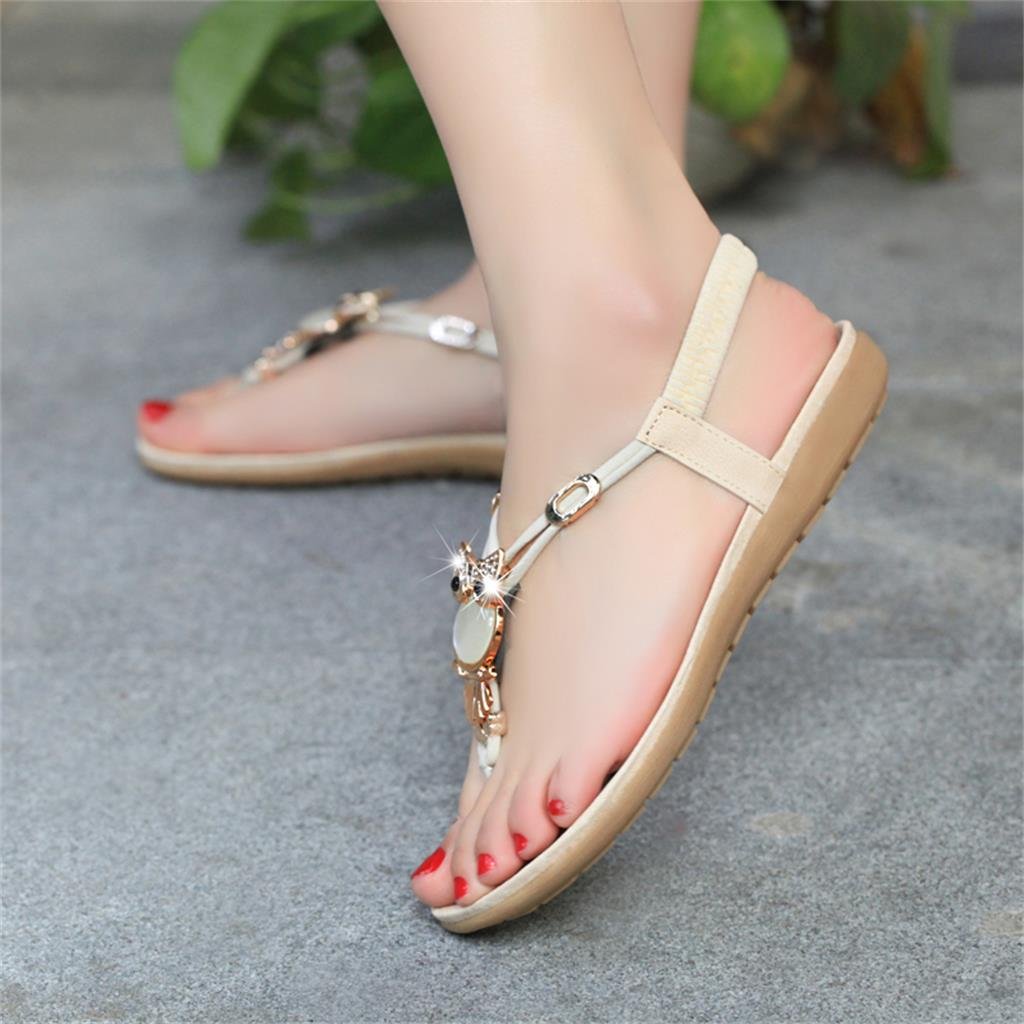 footful women summer bohemia flat sandals beach thong shoes beige 36