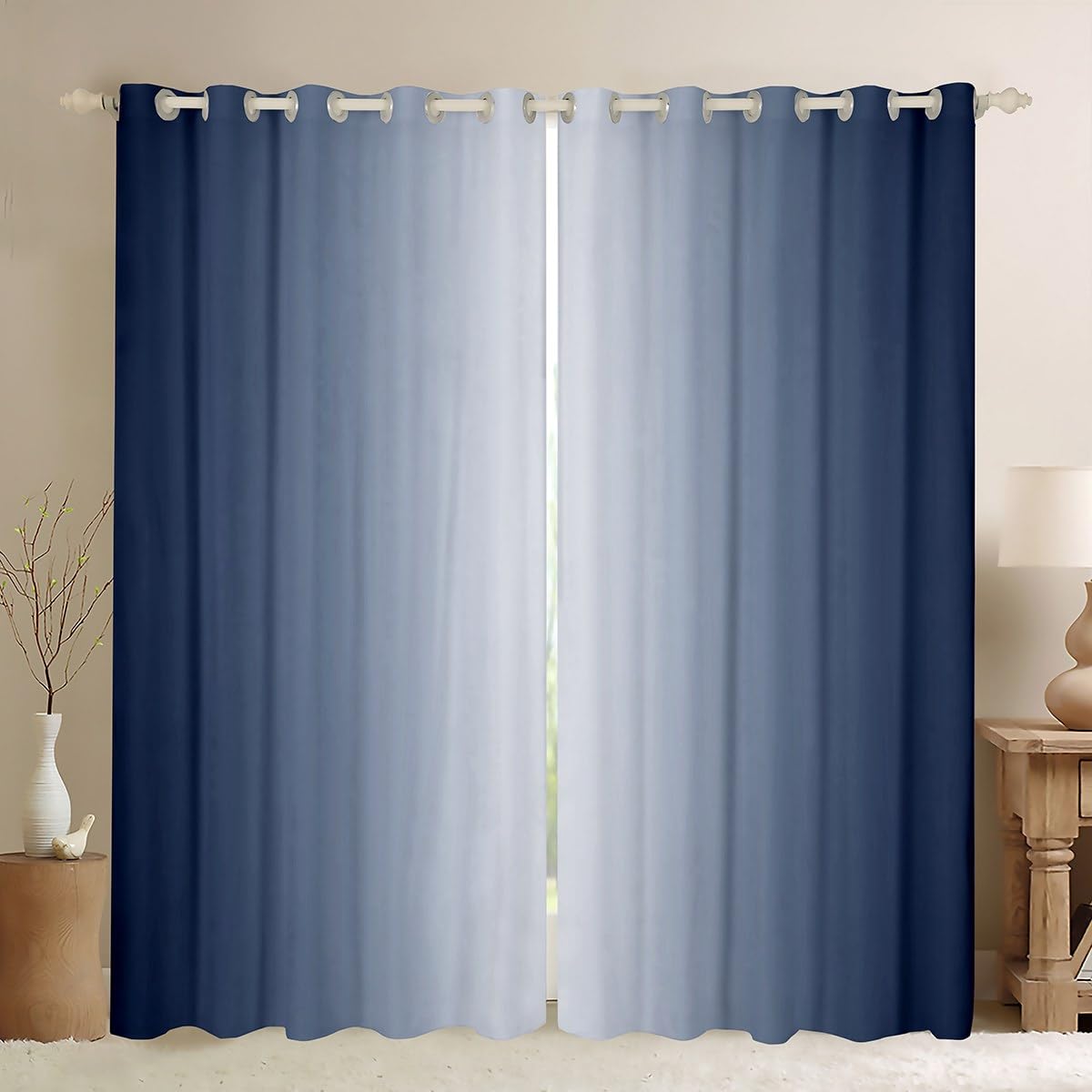 Homemissing Navy Blue and White Darkening Drapes Gradient Style Curtains for Bedroom Living Room For Kids Women Men Ombre 30%-50% Blackout Curtains Geometric Window Treatments W46*L72