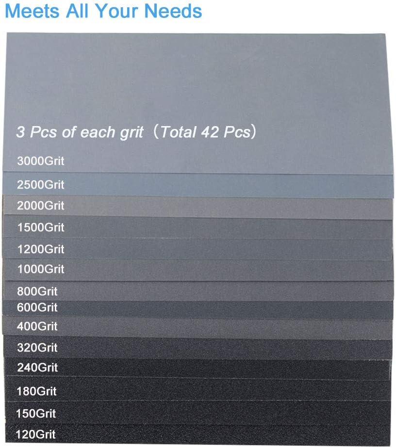 42 PCS Wet Dry Sandpaper 120 to 3000 Assorted Grit Sand paper, 9 x 3.6 Inch Assorted Grit Sandpaper for Wood Furniture Finishing, Metal Sanding and Automotive Polishing, Sander Sheets - - 