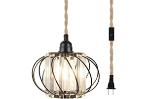 FRIDEKO HOME Crystal Plug in Pendant Light - Farmhouse Hanging Lights with Plug in Cord 16.4ft Hemp Rope Hanging Light Fixtures with On/Off Switch Industrial Hanging Lamp for Living Room Bedroom Kitchen Island