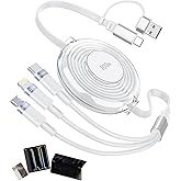100W Retractable Multi Charging Cable,5A Fast Charger Cord for Multiple Devices with Lightning/Type C/Micro USB Ports, 5-in-1 Retractable USB C/A Cable for iPhone 17 16 15 14, iPad, MacBook (White)