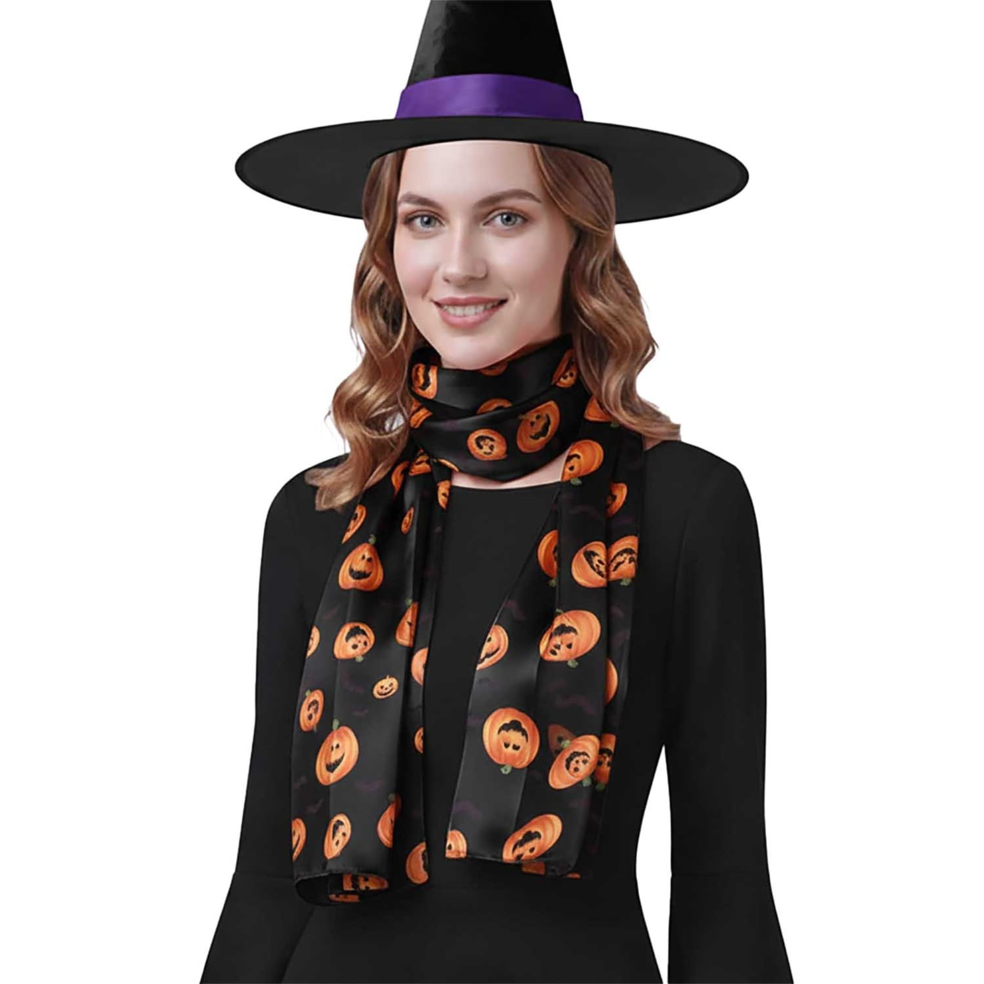 Basic Sense Satin Halloween Scarf with Jack O'Lantern Bat pumpkin Motif, 30 - Black