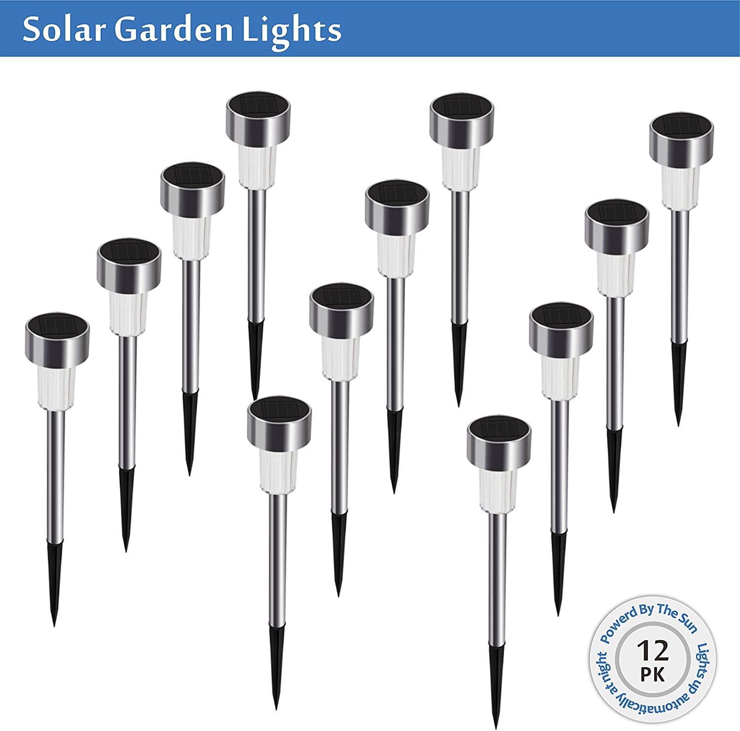 Morros 12 Pack LED Solar Lawn Lights Waterproof Garden Lights Landscape Lighting-Pathway Light Stainless Steel for Patio Yard Landscape And Outdoor Garden