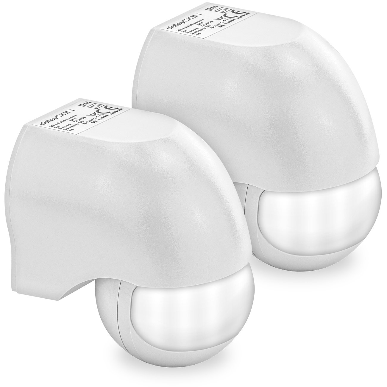 deleyCON 2x Infrared Motion Detector Surface Wall Mounting Inside Outside Splash-Proof Rotatable Tiltable 180° Working Area 12m Range White