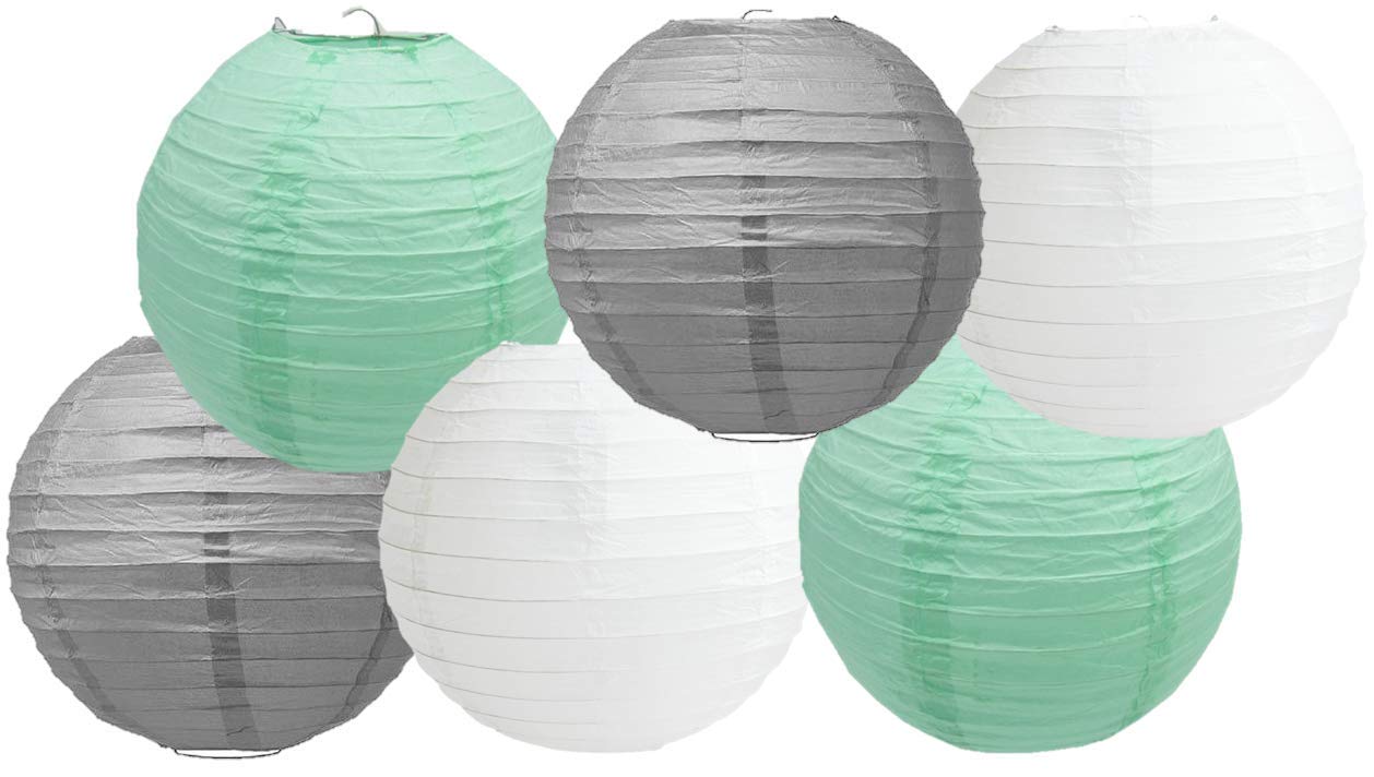 Paper Lanterns Mix Color Packs of 6 Round Paper Lanterns Lampshade Party Decorations (Mint Grey Shade, 10" (25 Cm))