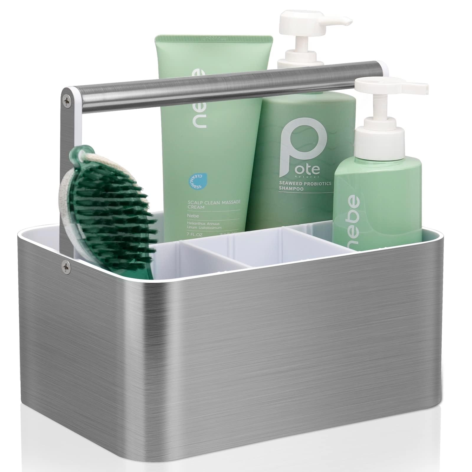 Photo 1 of BYUNER Plastic Shower Caddy Basket - Portable Large Bath Storage Organizer Bin Tote with Handle and divider for College Dorm,Cabinet,Bathroom Counter, Brushed Nickel White