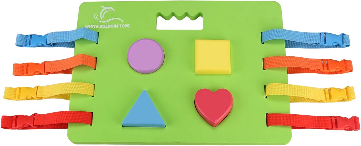 Busy Board with Colorful Buckles and Wooden Shapes, Kids Travel Toy, Preschool Toy for Developing Fine Motor Skills, Toddler Learning Toys, Great Gift for Baby Boys and Girls 1-5 Years Old