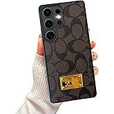 Compatible with Samsung Galaxy S24 Ultra Case, Luxury Designer PU Leather with Metal Logo Non-Slip Shockproof TPU Protective Bumper Phone Cover for Galaxy S24 Ultra Brown