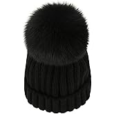 Winter Knit Beanie Hat with Real Fox Fur Pom Pom Chunky Snow Cap for Women Girls