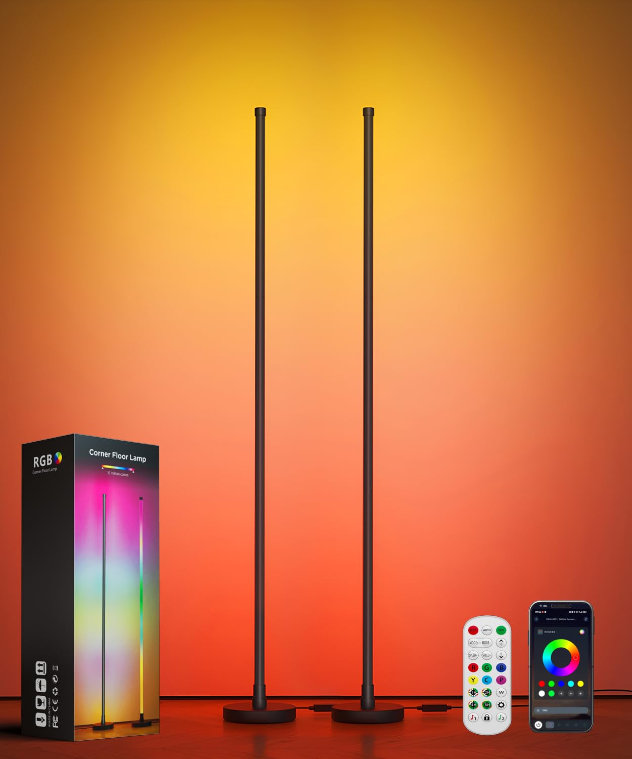 Photo 1 of BWGZH Corner Floor Lamp 2 Pack, Smart RGB LED Corner Lamp with Music Sync and 16 Million DIY Colors, App & Remote Control, Color Changing Standing Lamp for Bedroom, Living Room and Gaming Room(2 Pack)