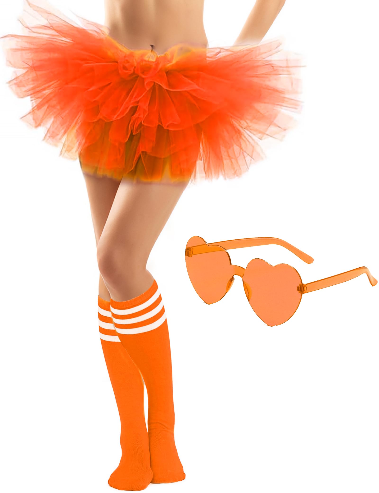 Photo 1 of Adult Tutus for Women, 5 Layered Tulle Tutu Skirt Set with Heart Sunglasses and Knee High Socks Colorful Party Favors (Orange)
