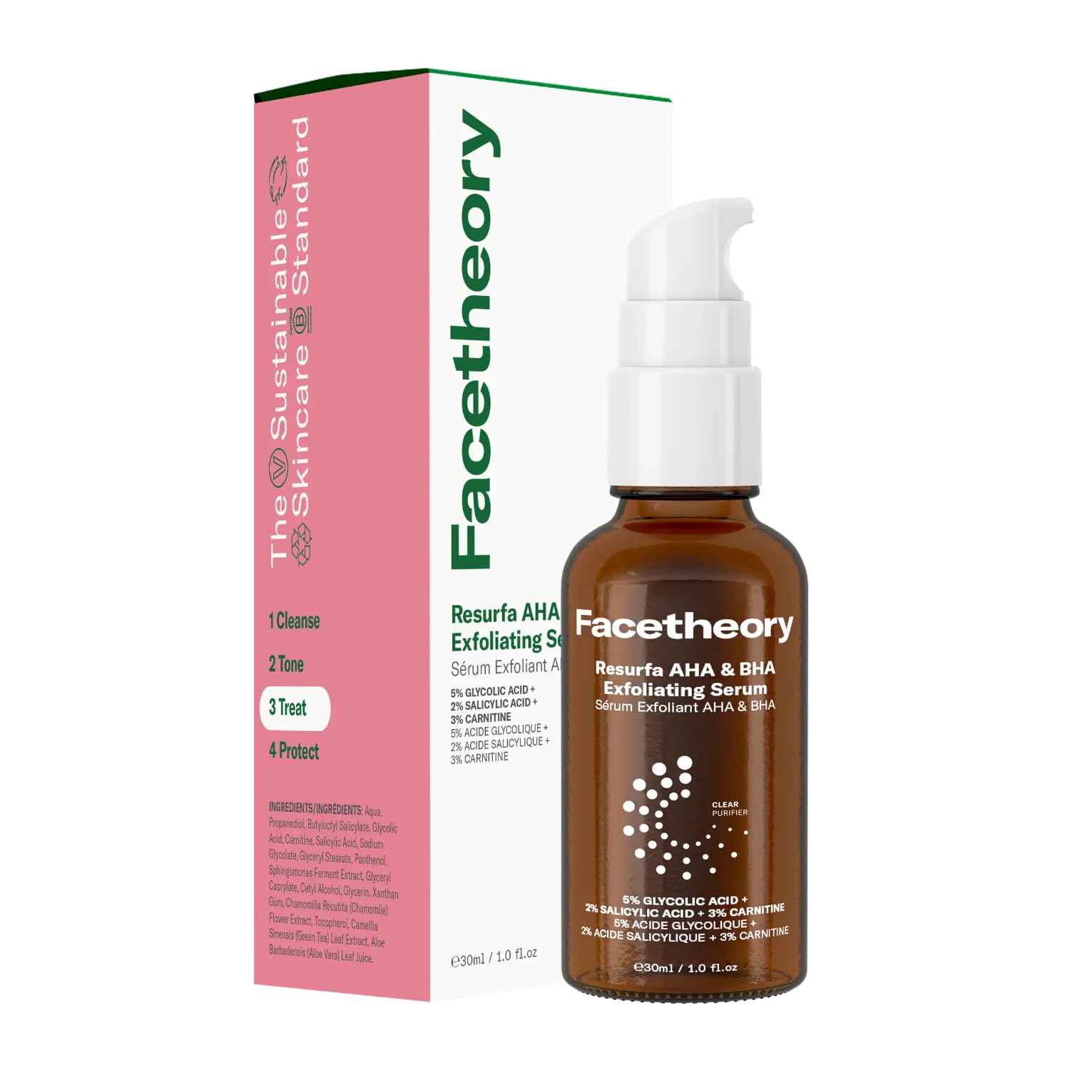 facetheory Resurfa AHA & BHA Exfoliating Serum - 5% Glycolic Acid, 2% Salicylic Acid & 3% Carnitine - Skin Smoothing & Blemish Reducing (30 ml)