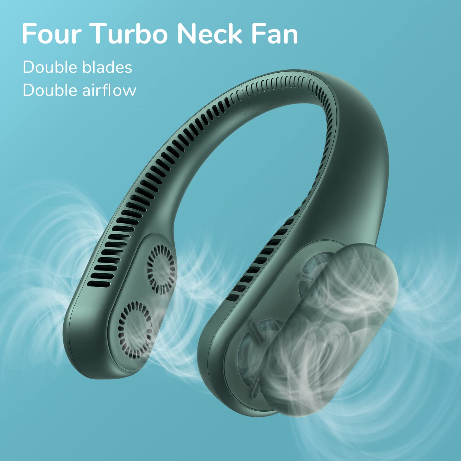 JISULIFE Four Turbo Neck Fan Bladeless, Portable Hand Free for Outdoor, Personal Wearable with Rechargeable Battery, Powerful & Low Noise Gifts for Men/Friends/Family - Green